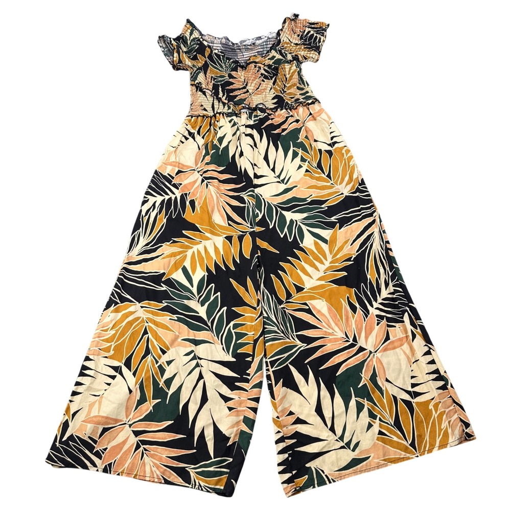 Patrons of Peace Jumpsuit Women M Smocked Tropical Leaf Black Yellow Vacation